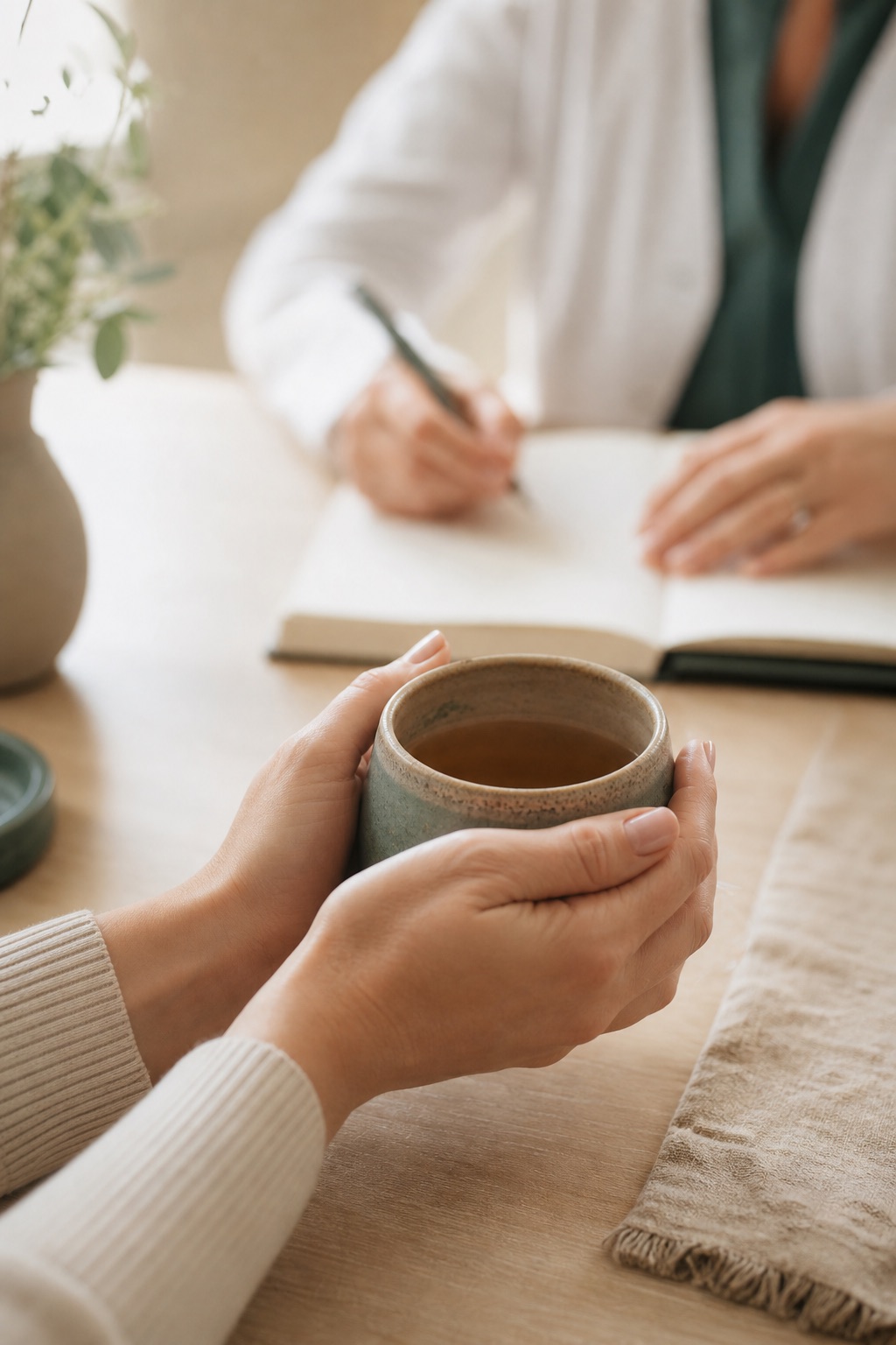 A woman cradles a warm cup of tea while a clinician across the table listens and takes notes