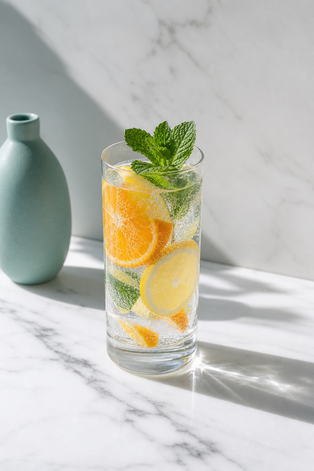 A glass of sparkling citrus-infused water on marble