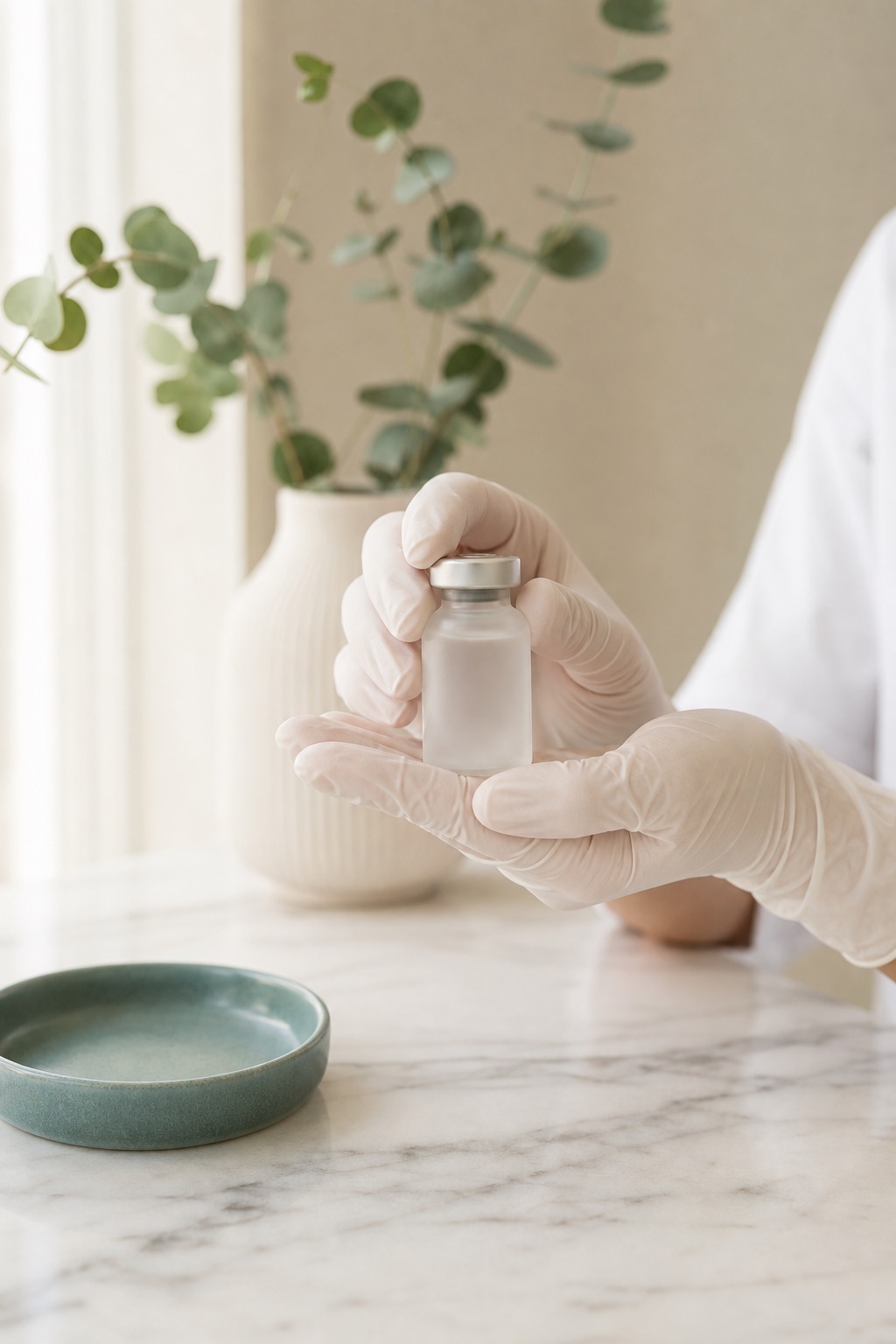Gloved clinician hands presenting a sealed vial of compounded medication