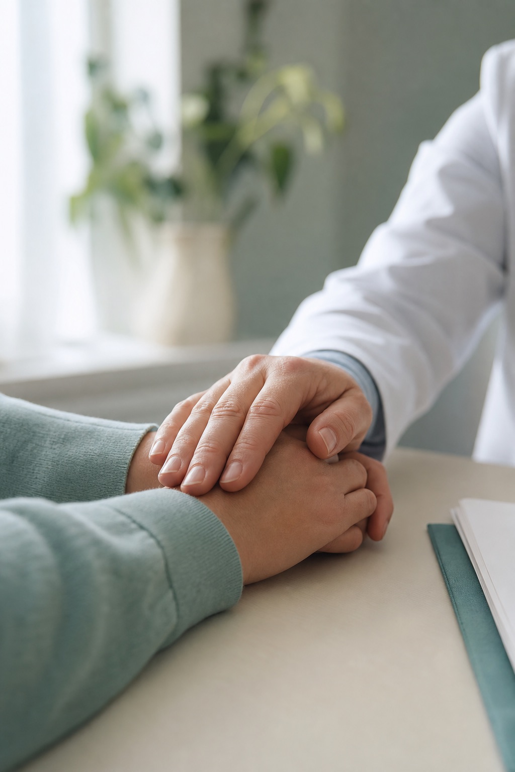 A provider&rsquo;s reassuring hand resting over a patient&rsquo;s